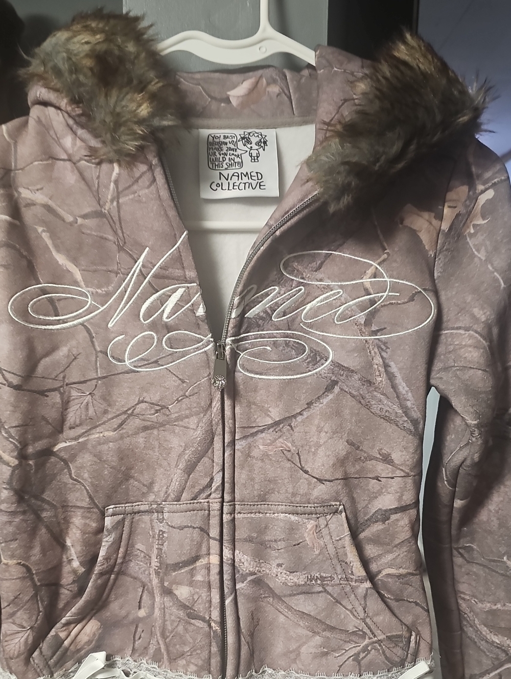 Named Collective Women's Taupe Camo Faux-Fur Hooded Zip Sweatshirt